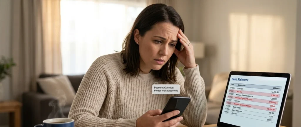 Worried woman reading an overdue-payment SMS next to her bank statement