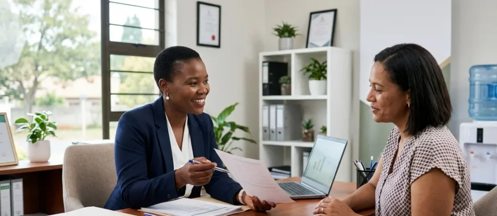 Debt counsellor reviewing a repayment plan with a client in a Gauteng office
